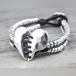 Leather Bracelet with Metal Heart and Beads